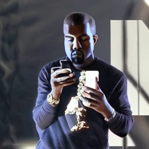 Image similar to Kanye West checking his phone 4K quality super realistic