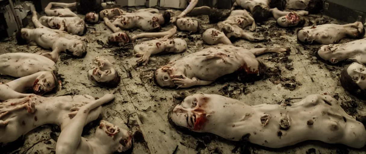 Image similar to filmic closeup dutch angle movie still 4k UHD 35mm film color photograph of a dozen burnt corpses with frozen pained expressions, on the floor of a a science lab , in the style of a 1980s horror film