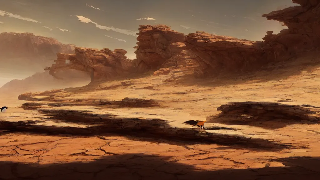 Image similar to wile e coyote chasing roadrunner across the open sand, karst landscape desert, wide shot, concept art by greg rutkowski