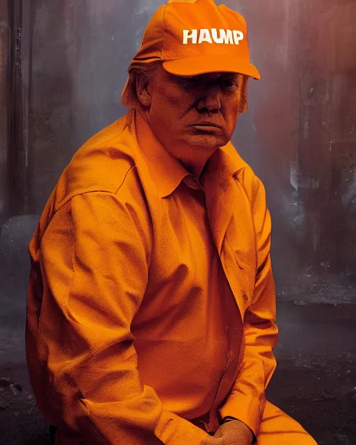 Image similar to a head and shoulders portrait of Donald trump wearing a orange jumpsuit, sitting on the floor of a filthy rat infested concrete jail, dimly lit, volumetric lighting, in jail by craig mullins and Annie Leibowitz, octane, 8k,