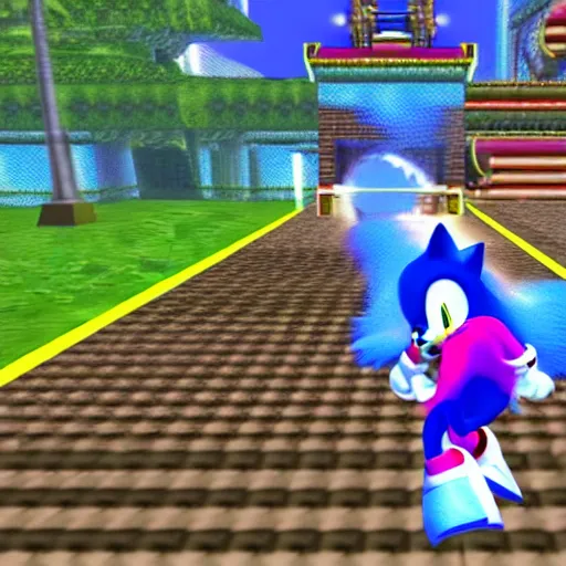 Prompt: sonic the hedgehog in a haunted mansion in a screenshot of sonic adventure 2 on the dreamcast