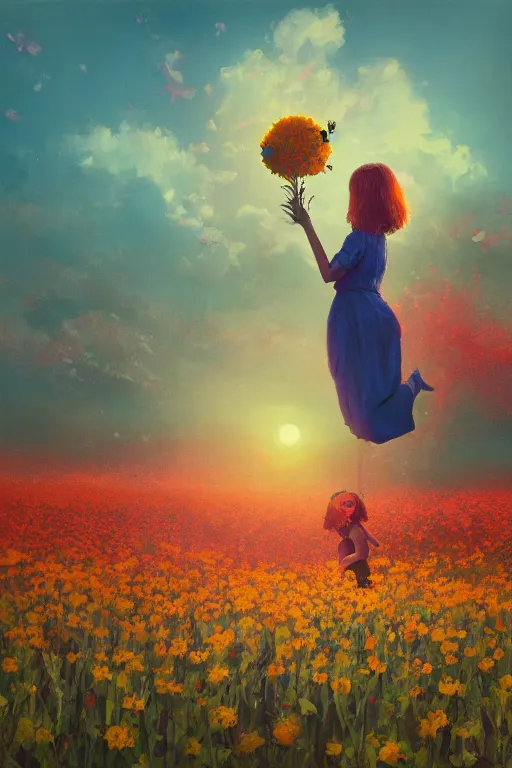 Prompt: closeup, giant flower head, girl in suit floating above field of flowers, surreal photography, sunrise, blue sky, dramatic light, impressionist painting, digital painting, artstation, simon stalenhag