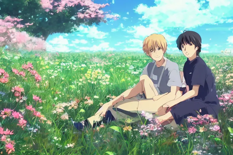 Prompt: beautiful anime harry kane and son heung-min sitting in a field full of flowers, highly detailed, studio ghibli, realistic, dynamic lighting, cinematic, masterpiece, trending on artstation,