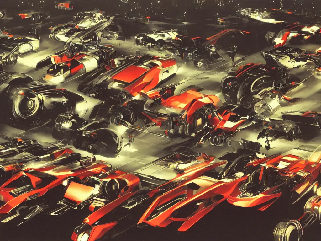 Image similar to Mechbots designed by Ferrari and Lamborghinis in battle in Tokyo at night by syd mead