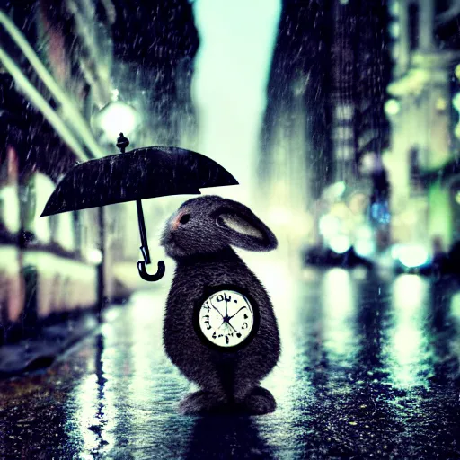 Image similar to portrait of a time traveling rabbit holding a pocket watch and an umbrella, rainy night, city lights, streetlights, digital art, sharp, focused photo