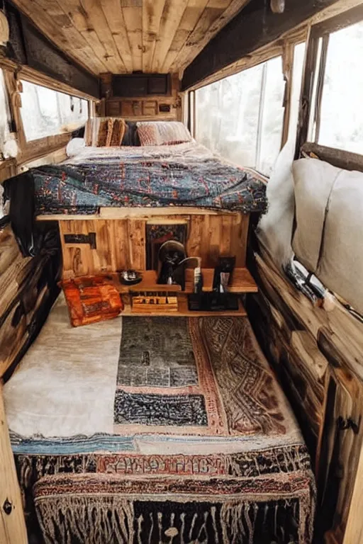 Image similar to conversion van interior, bohemian style, van life, light wood