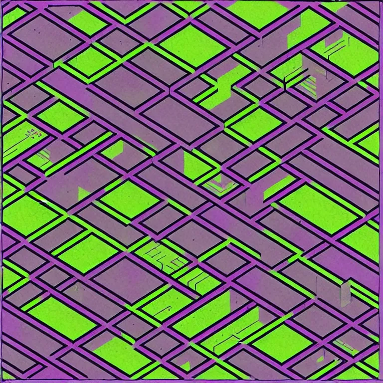 Image similar to an absurdly-detailed isometric cyberpunk alleyway colored-pencil drawing as a fancy square tile