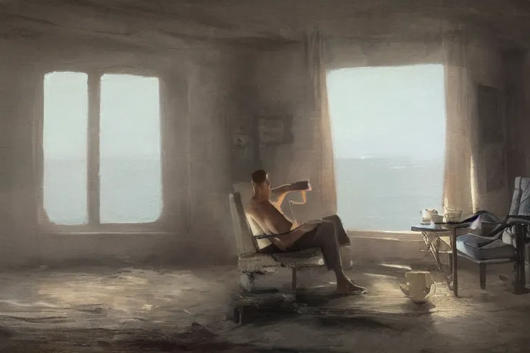 Prompt: painting of a man sitting down and having a cup of tea in his house by the beach, muted colors, cby greg rutkowski, muted colors