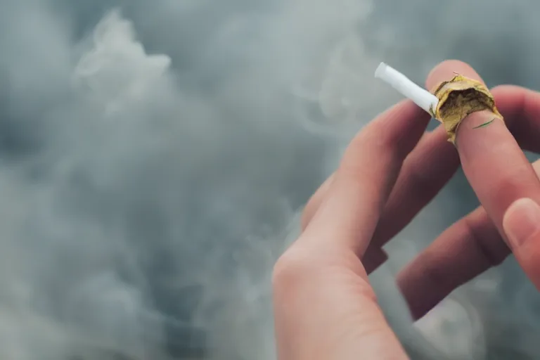 Prompt: Close-up of thin soft hand holding cigarette in it with smoke, hyper realistic, high details, photo, super resolution