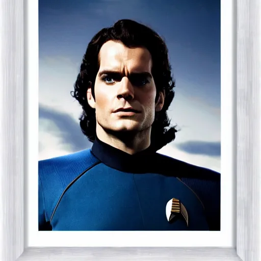 Image similar to a full body photograph of henry cavill as a star fleet captain from star trek next generation, full dress uniform, symmetrical face, extreme realism and detail, 8 k, completely framed, direct lighting, 3 5 mm photo, photorealistic, sharp focus