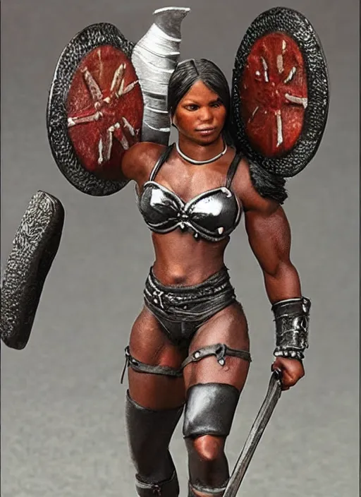 Prompt: Images on the store website, eBay, Full body, Miniature of a very muscular black female warrior with club