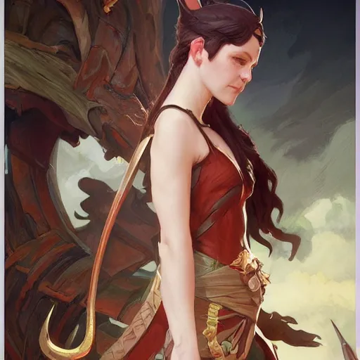 Image similar to Tiefling with tail D&D, fantasy highly detailed, digital painting, artstation, concept art, sharp focus, illustration, art artgerm by greg rutkowski and alphonse mucha