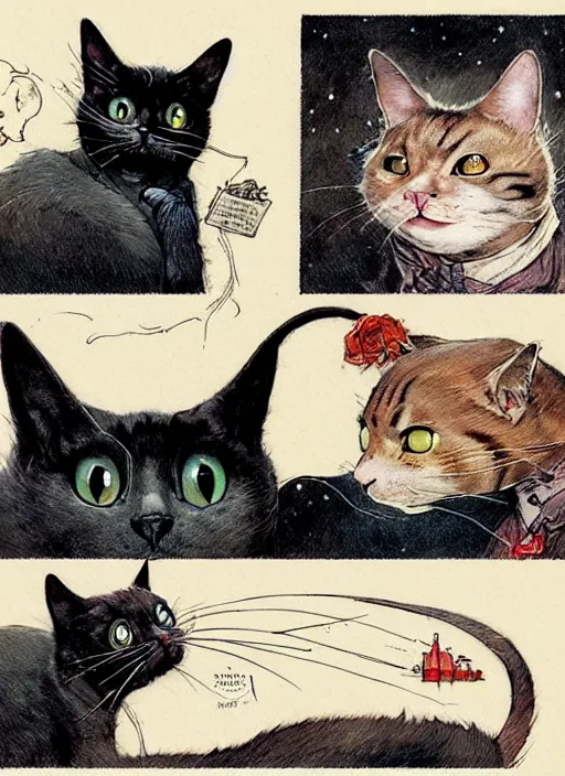 Image similar to a hyper realistic ink cat in a spaaceship 6 panel comic by chiara bautista and norman rockwell and greg rutkowski weta studio, and lucasfilm