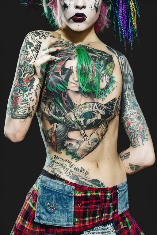 Prompt: upper body portrait hannah as a punk woman with green mohawk, covered in neotraditional style tattoos, wearing a bold tee shirt, flannel jacket, fishnets and a long tartan skirt, intimidating, max details, hyperrealistic, photorealistic, ultra - realistic, ultra - detailed, cinematic, 8 k resolution by alan lee