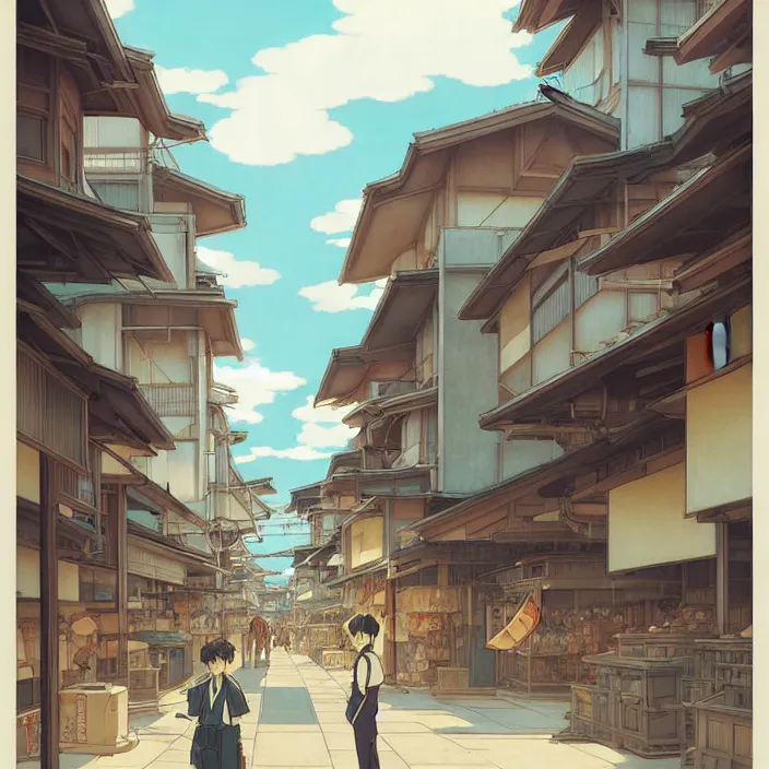 Image similar to empty japanese city, summer, in the style of studio ghibli, j. c. leyendecker, greg rutkowski, artem