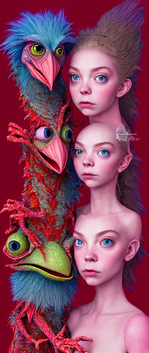 Image similar to hyper detailed 3d render like a Oil painting - kawaii portrait of two Aurora (a beautiful skeksis muppet fae princess protective playful expressive eyes from dark crystal that looks like Anya Taylor-Joy) seen red carpet photoshoot in UVIVF posing in scaly dress to Eat of the Strangling network of yellowcake aerochrome and milky Fruit and His delicate Hands hold of gossamer polyp blossoms bring iridescent fungal flowers whose spores black the foolish stars by Jacek Yerka, Ilya Kuvshinov, Mariusz Lewandowski, Houdini algorithmic generative render, Abstract brush strokes, Masterpiece, Edward Hopper and James Gilleard, Zdzislaw Beksinski, Mark Ryden, Wolfgang Lettl, hints of Yayoi Kasuma and Dr. Seuss, octane render, 8k