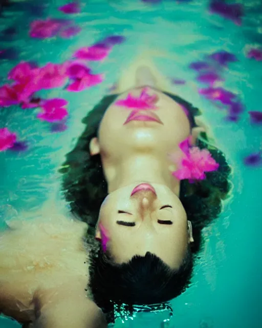 Image similar to oversaturated, burned, light leak, expired film, photo of a woman's serene face submerged in a flowery milkbath, rippling liquid, vintage glow