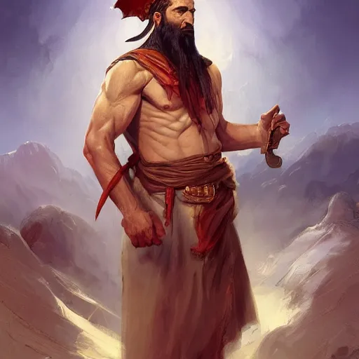 Image similar to A beautiful digital painting of a 30 year old man with middle eastern skin and Biblical clothing, by Stanley Artgerm Lau, frank frazetta, Rossdraws, James Jean, gerald brom, Andrei Riabovitchev, Marc Simonetti, and Sakimichan, trending on artstation, SFW version