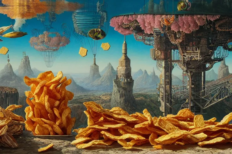 Image similar to a surreal and awe - inspiring bag of crisps on a table, intricate, elegant, highly detailed matte painting by ernst haeckel and simon stalenhag