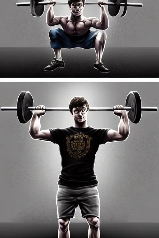 Image similar to highly detailed rendering of Daniel Radcliffe as Harry Potter doing barbell back squats, dingy gym, wearing a muscle tee shirt, symmetrical, highly detailed, digital painting, artstation, concept art, smooth, sharp focus, illustration, cinematic lighting, art by artgerm and greg rutkowski and alphonse mucha