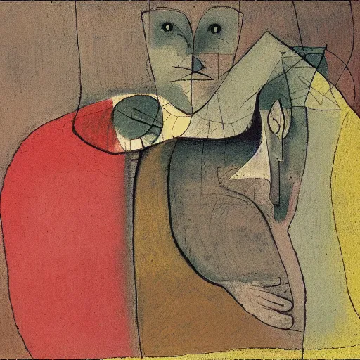 Prompt: conceptual and post figurative depiction of a couple, painted by francis bacon and paul klee, intricate detailed illustration, no blur, theological and entropic
