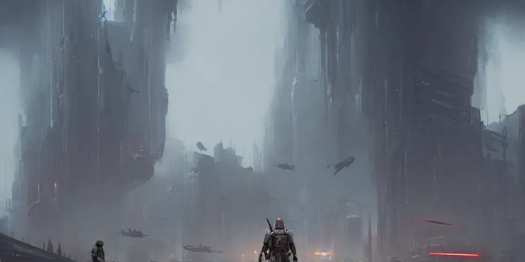 Image similar to a painting of a cinematic keyframe of a star wars mysterious boba fett walking into a cinematic landscape city, heavy atmosphere and smoke by greg rutkowski, rule of thirds, golden ratio, ambient lighting, wlop, artgerm, artstation, highly detailed masterpiece, dark fantasy art, high detail, trending on artstation