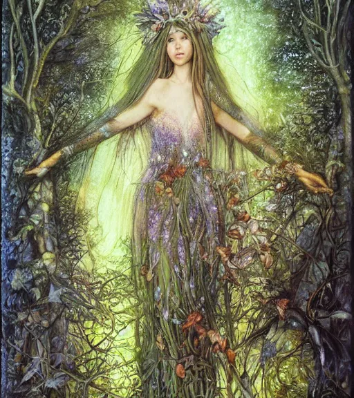 Prompt: fey queen of the summer forest, dress of leaves, fine features, thin, young, silver shimmering hair, by brian froud, stars, night colors, oil on canvas, oil panting