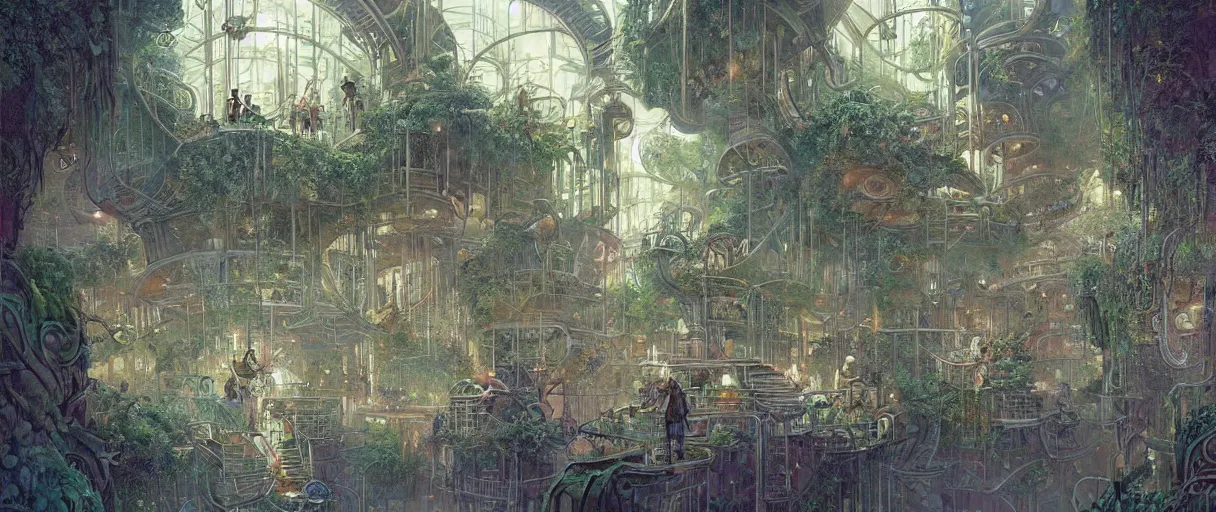 Prompt: A beautiful illustration of a retro futurism hanging garden full of people walking the pathways on another world by Daniel merriam | sparth:.2 | Time white:.5 | Rodney Matthews:.3 | Graphic Novel, Visual Novel, Colored Pencil, Comic Book:.2 | unreal engine:.3