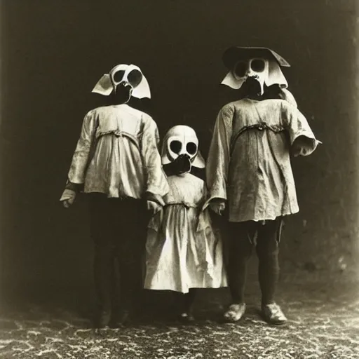 Image similar to portrait of children wearing plague masks, photograph, style of atget, 1 9 1 0, creepy, dark