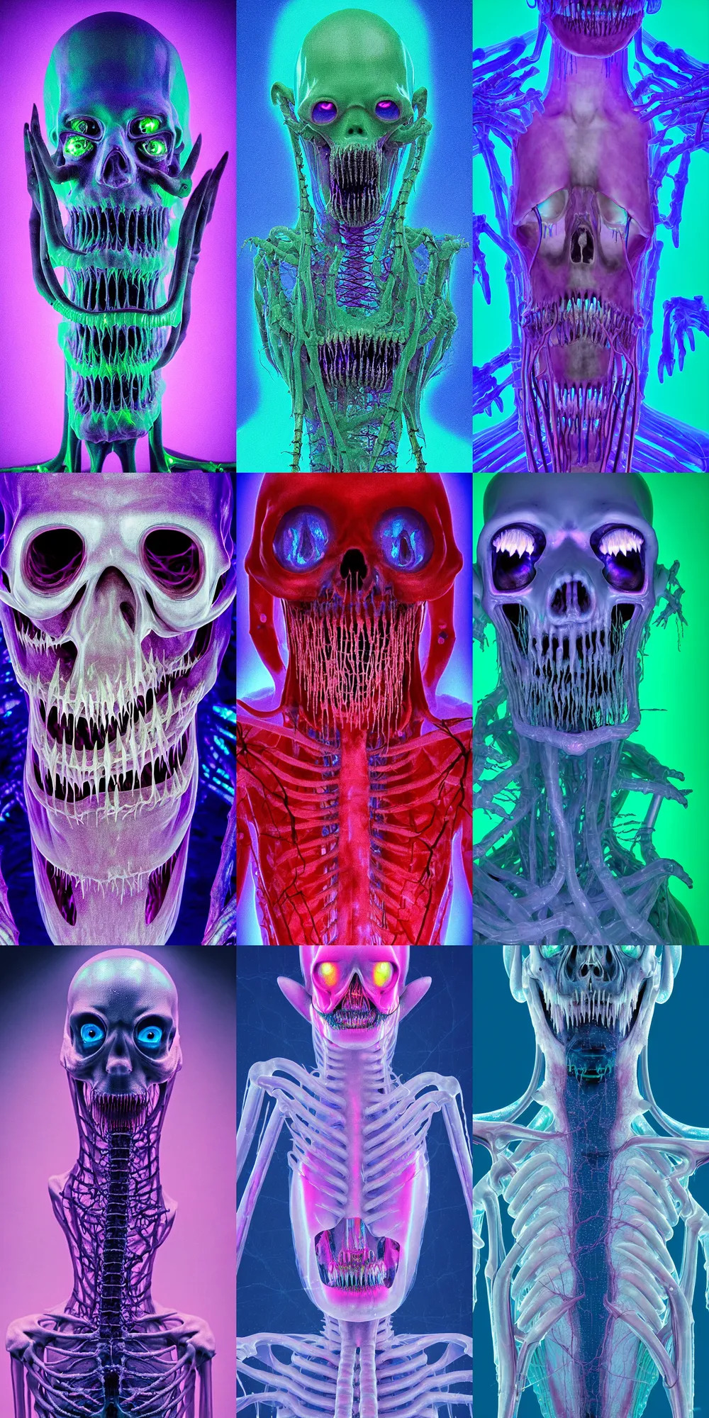 Prompt: pixel sorted image of a scary sci - fi saliva creature, iridescent membranes, gaping gills and baleen, translucent skin shows haunting skeletal details in front of bright aerochrome and halogen laboratory lights, eerie, occult, gelatinous with teeth
