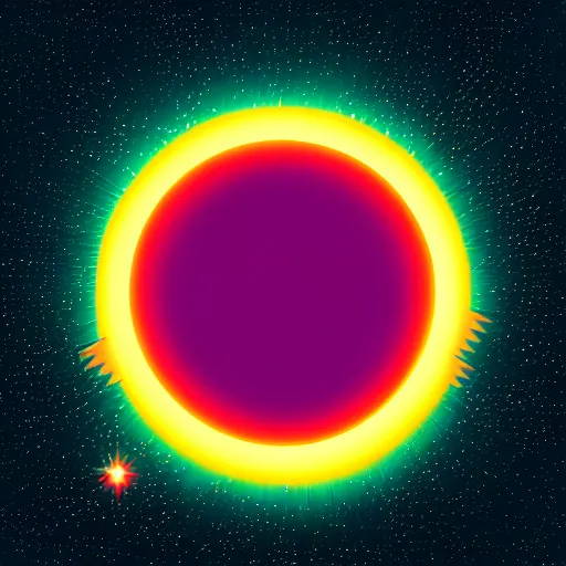 Image similar to cinematic view of sun on space, style by kurzgesagt