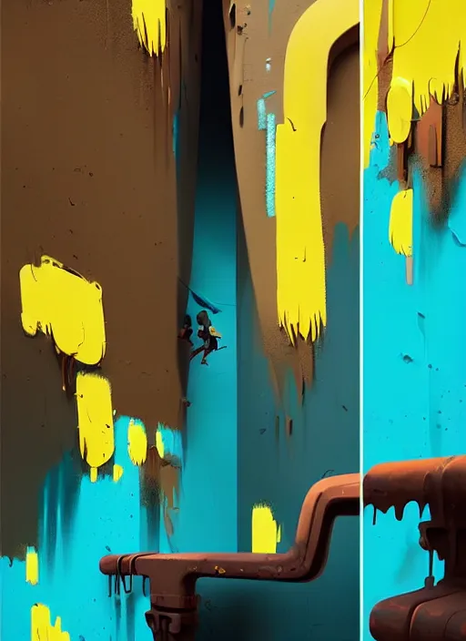 Image similar to matte painting extreme offset 3 d calligraphy graffiti mural dripping paint wall extreme maximalism by atey ghailan, by greg rutkowski, by greg tocchini, by james gilliard, by joe fenton, yellow, brown, black and cyan color scheme, octane render