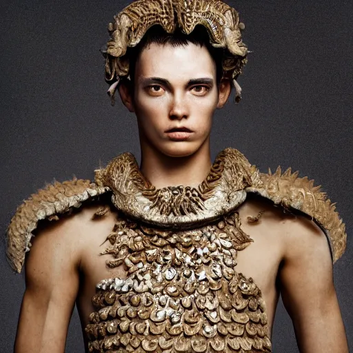 Image similar to a portrait of a beautiful young male wearing an alexander mcqueen armor made of sand , photographed by andrew thomas huang, artistic