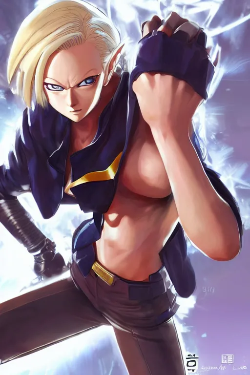 Image similar to Android 18 from dbz in a spinoff in blade and soul concept art on a render by the artist Hyung tae Kim, Jiyun Chae, Joe Madureira, trending on Artstation by Hyung tae Kim, artbook, Stanley Artgerm Lau, WLOP, Rossdraws