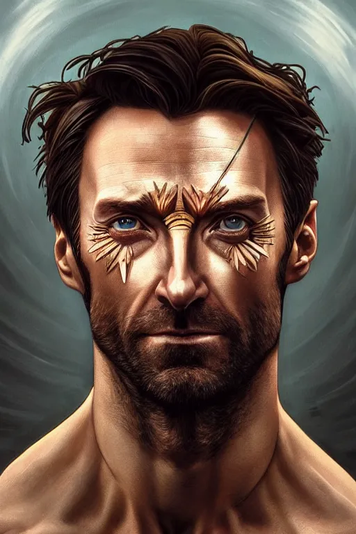 Image similar to symmetry!! portrait of hugh jackman in the boys in the style of god of war, machine parts embedded into face, intricate, elegant, highly detailed, digital painting, artstation, concept art, smooth, sharp focus, illustration, art by artgerm and greg rutkowski and alphonse mucha, 8 k