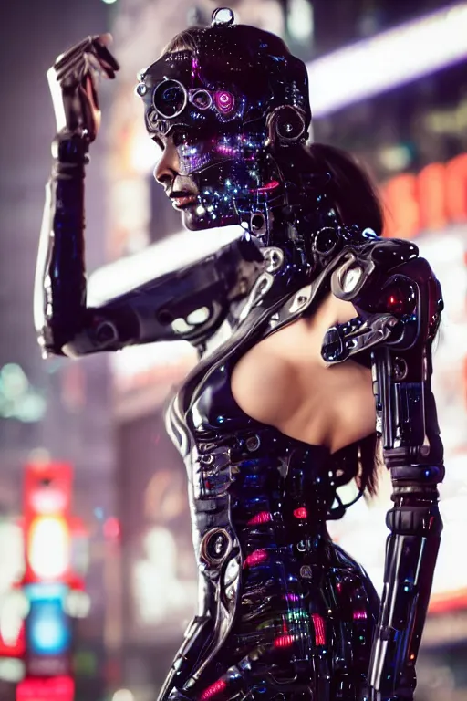 Image similar to fully clothed women dresses in a cyberpunk aesthetic in body suit and high heels with cybernetic eye implants standing at times square circa 2 3 0 0, detailed face!!, beautiful eyes, film still, wide lens, hyperrealism, incredible detail, 8 k resolution, zeiss lens, canon eos, artstation, redshift, octane, detailed face!!,