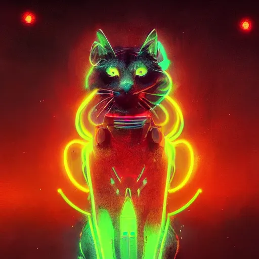 Image similar to a detailed matte painting of a neon cat under a black light with red led eyes, the cat is in a intricately detailed neo neon cyberpunk Japanese city, the angel of death with a halo, colorful background not limited to children, by Ismail Inceoglu , concept art, featured on cgsociety