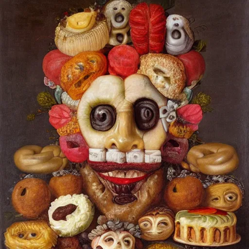 Image similar to a head made out of pastries and cakes by giuseppe arcimboldo, oil on canvas