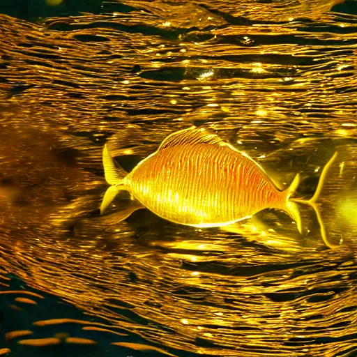 Prompt: a shining golden fish, reflecting light