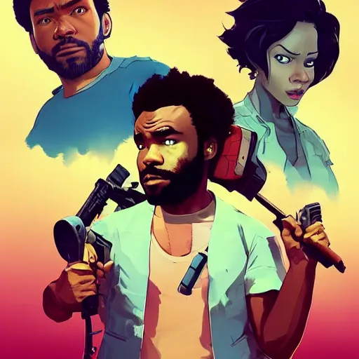 Prompt: donald glover, art gta 5 cover, official fanart behance hd artstation by jesper ejsing, by rhads, makoto shinkai and lois van baarle, ilya kuvshinov, ossdraws, style of borderlands and by feng zhu and loish and laurie greasley, victo ngai, andreas rocha, john harris