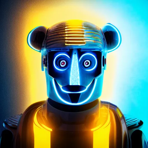 Image similar to portrait photo of a robot bear as a jedi, blue and yellow lighting, dark, cinematic, high quality, 4 k