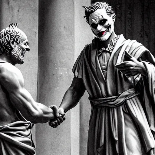 Image similar to cinematic shot of the joker shaking hands with julius caesar in ancient rome, 8 k, very detailed, very intricate,