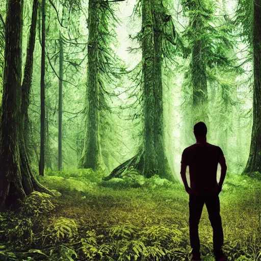 Prompt: a man looking in the forest to see an oversized terrifying creature