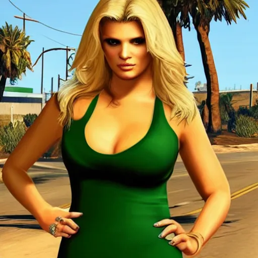 Prompt: Jessica Simpson as the gta v loading screen girl