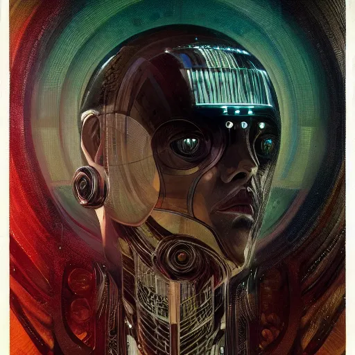 Image similar to portrait of bearded android, coy, circuitry visible in head, in the style of ex machina, karol bak, alphonse mucha, greg rutkowski, award winning, hr giger, artstation