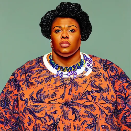 Prompt: A portrait of a thick powerful and pretty non-binary person, oil painting by Kehinde Wiley, majestic, detailed, high resolution
