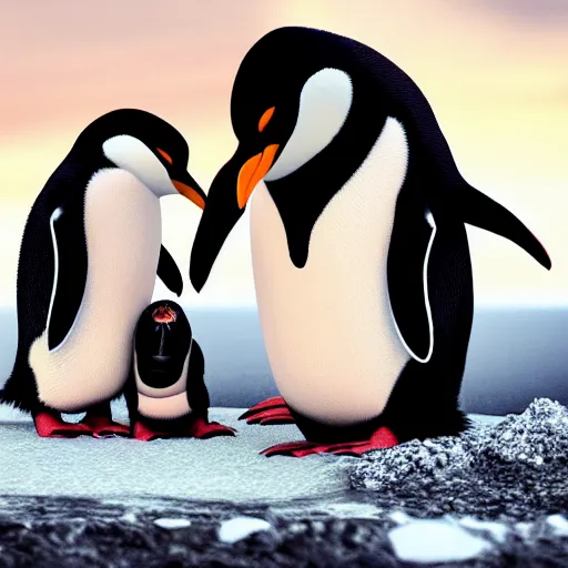 Prompt: a demonic penguin feeding her babies, the demonic penguin is red and takes many features of demons from underworlds and Hell itself part of her skull is exposed, hell, antarctic, photo realistic, hyper realistic