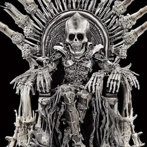 Image similar to A lich sitting on the throne made of bones, magical glow, intricate, sharp details, in the style of Kristian Wåhlin