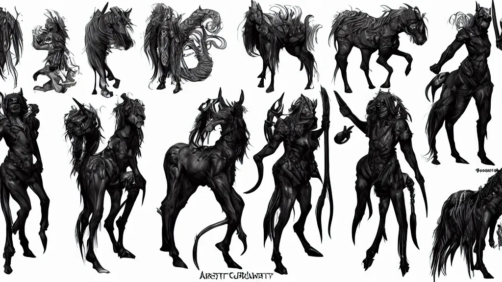 Image similar to a fantasy centaur warlock creature design sheet, trending on artstation