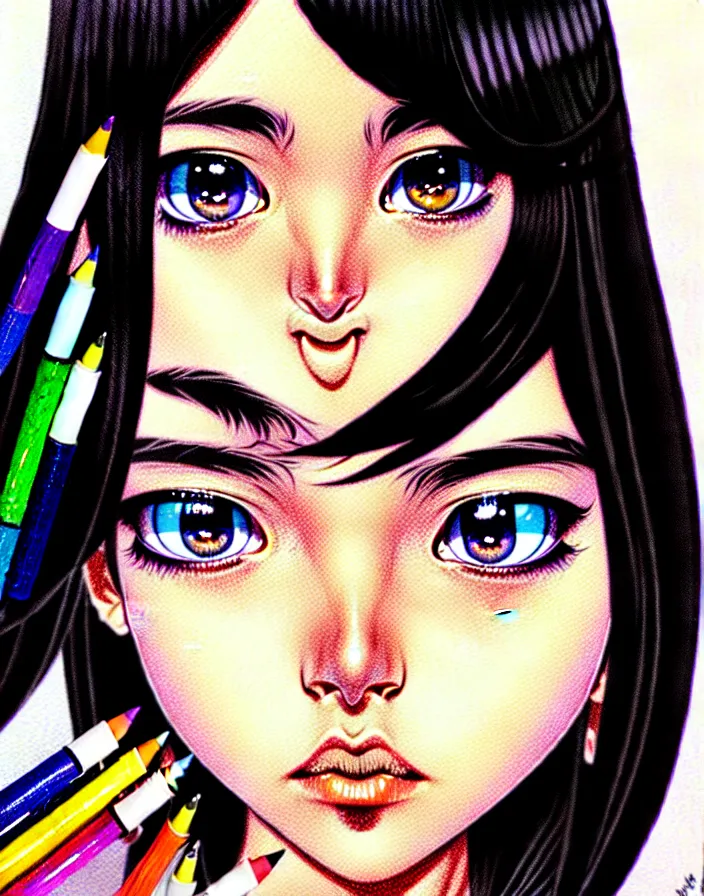 Prompt: extremely detailed color ink pen  illustration depicting an extreme close up face of a dainty young truant female stoner prep highschool school student with medium length silky straight iridescent black hair and lightly suntanned skin, illustrated by Artgerm and Range Murata.